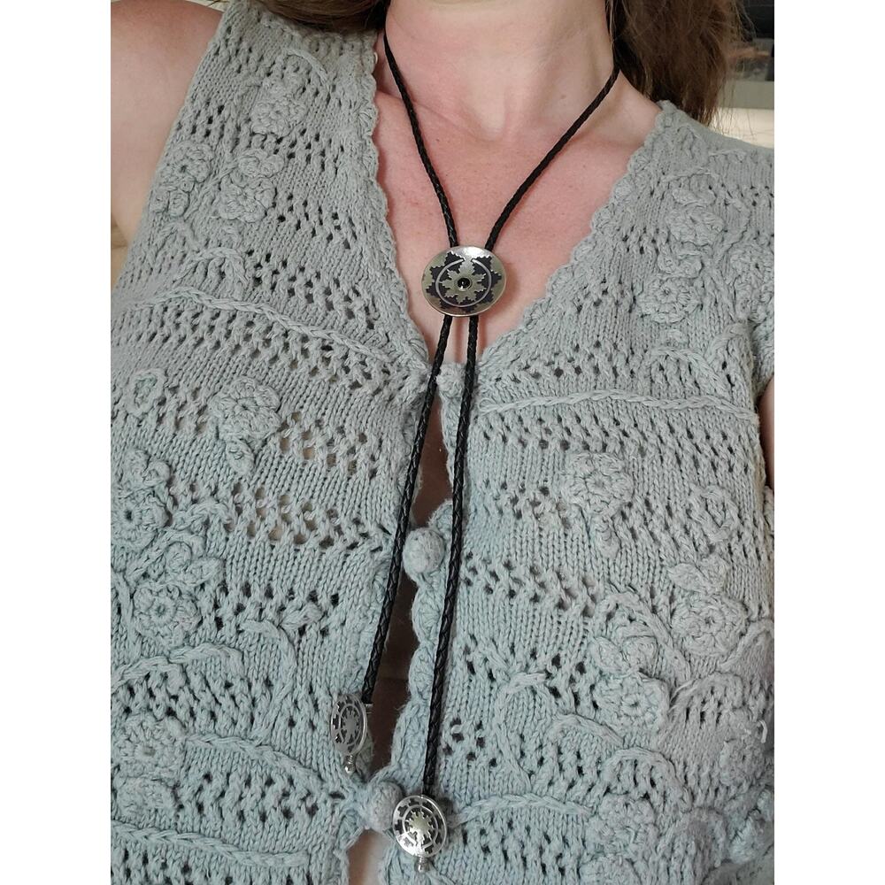 Western Bolo Tie Black/ Purple Silver Tone Slide Braided Leather Cord Festival